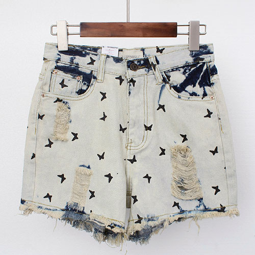 Butterfly Print High Waisted Distressed Denim Cutoffs Shorts